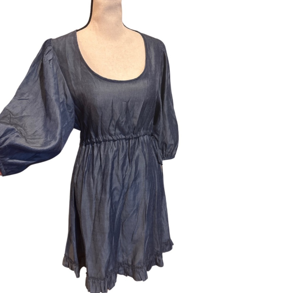 Chasensully chambray empire adjustable waist side tie silk bamboo dress Sz small - Picture 3 of 6
